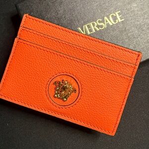 Versace Vibrant Orange Card Holder with Gold Medusa